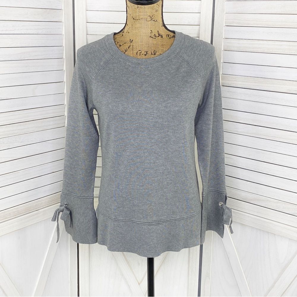 Isela Grey Sweater Split Bell Tie Cuff Tiered Hem Pullover Small‎